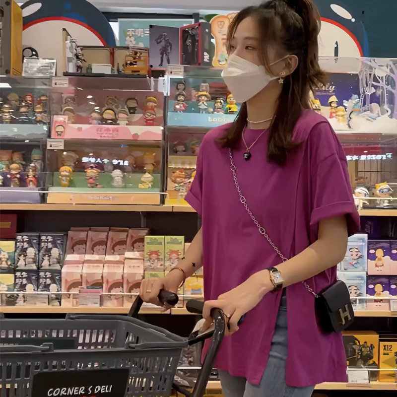 中长款T恤女遮屁股夏季潮牌短袖洋气开叉设计感显瘦纯棉半袖上衣
