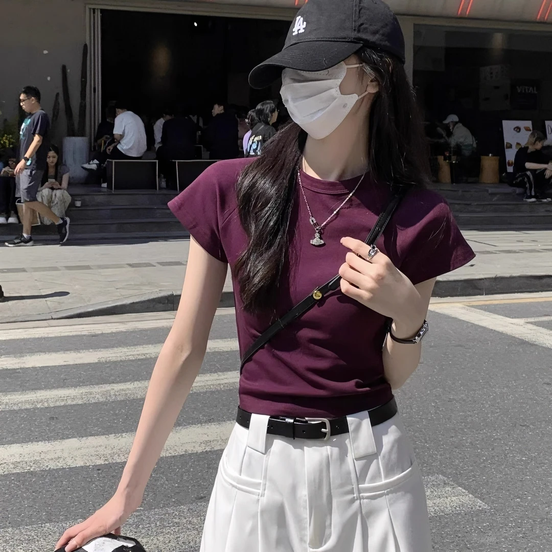 国潮短袖T恤女夏季百搭纯色韩版短款半袖时尚辣妹显瘦打底衫上衣