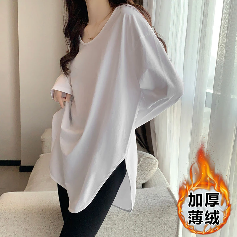 5324大白t恤中长款加绒白色打底衫女内搭秋冬新款洋气遮屁股上衣