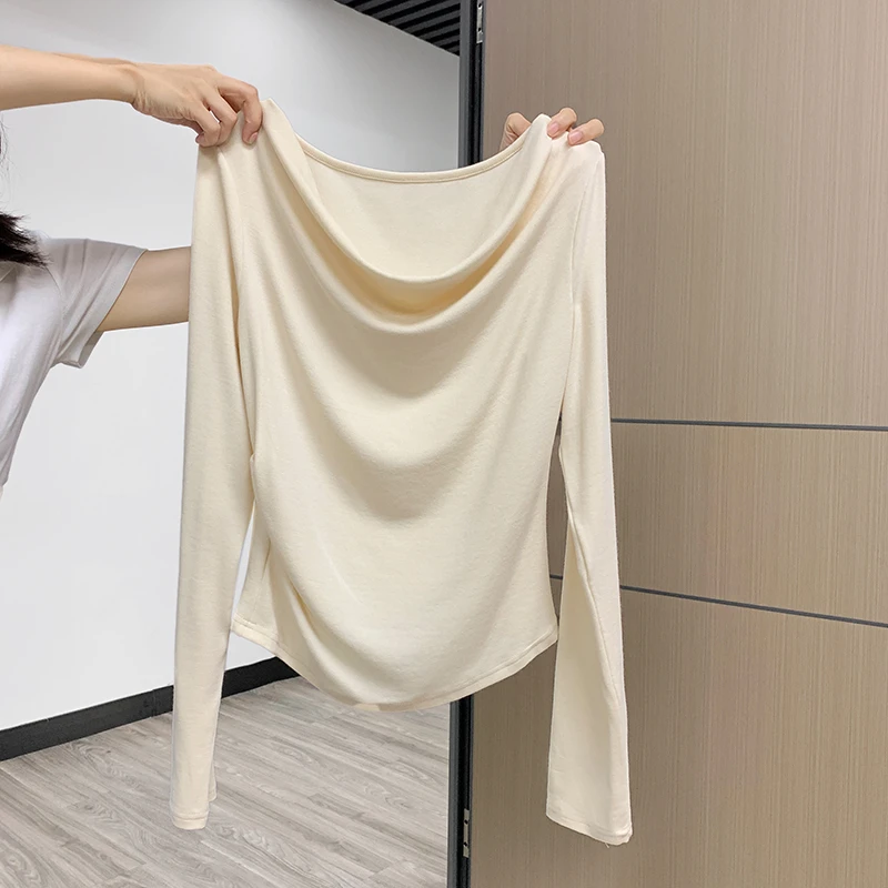 法式轻奢荡领正肩长袖T恤女早秋休闲不规则百搭显瘦时尚纯色上衣