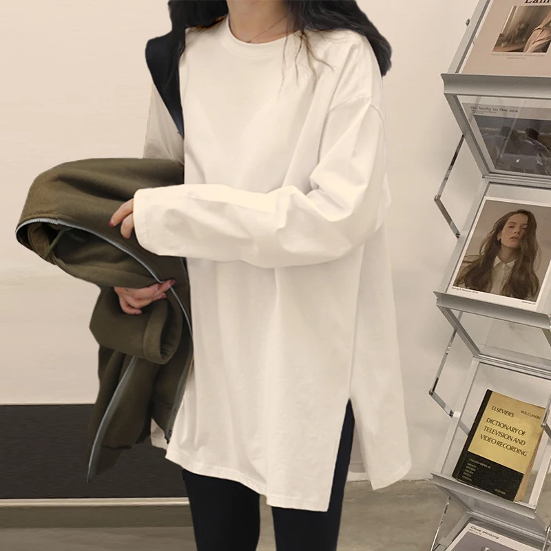 白色打底衫女春秋冬季叠穿卫衣内搭德绒长袖T恤女长款遮屁股上衣