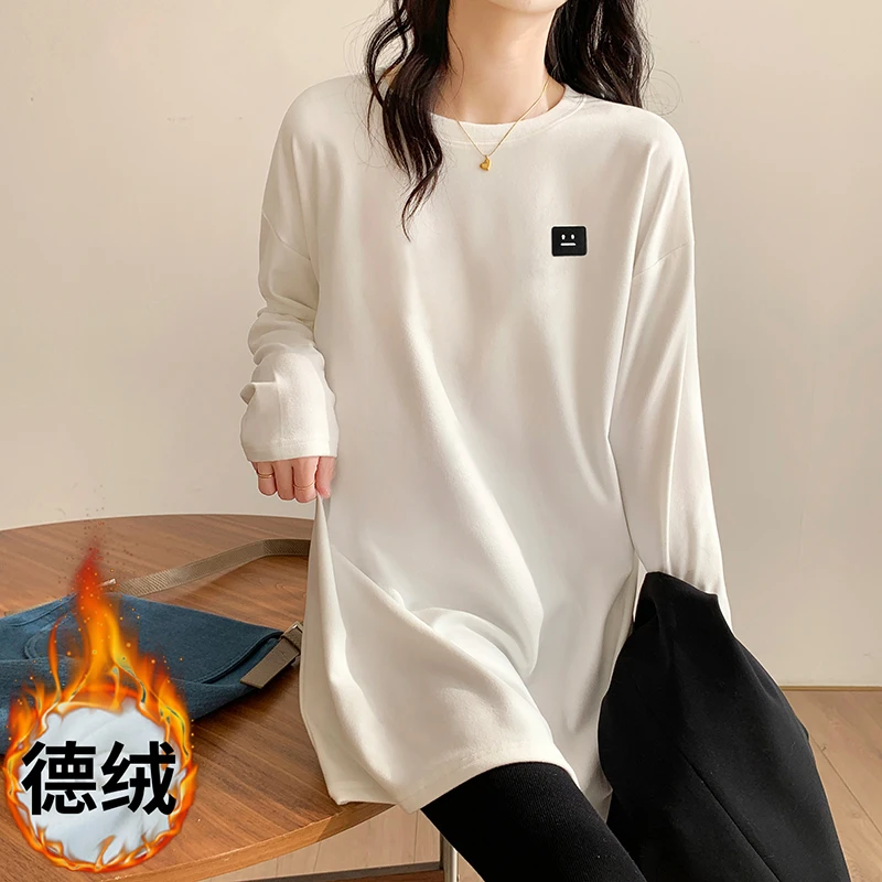 白色加绒打底衫女宽松洋气内搭圆领t恤秋冬长款遮臀百搭上衣外穿