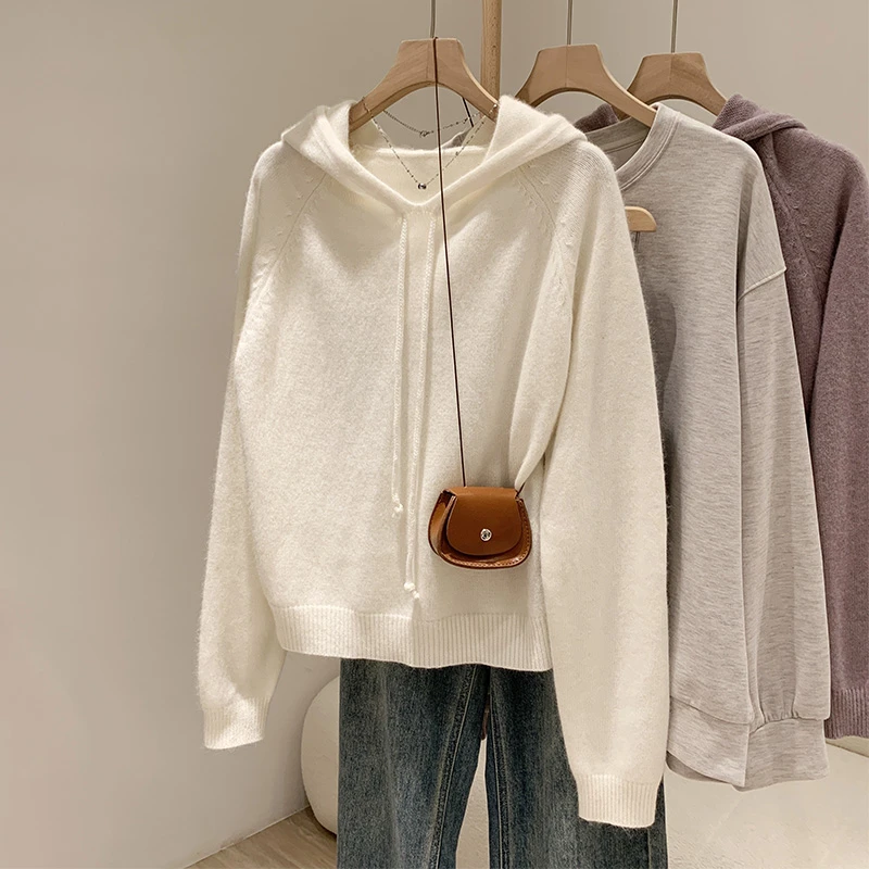 白色软糯连帽针织长袖卫衣秋冬打底衫女内搭新款套头宽松毛衣帽衫