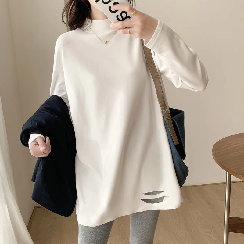 半高领白色打底衫女春秋冬中长款洋气内搭加绒T恤宽松遮臀长袖白t