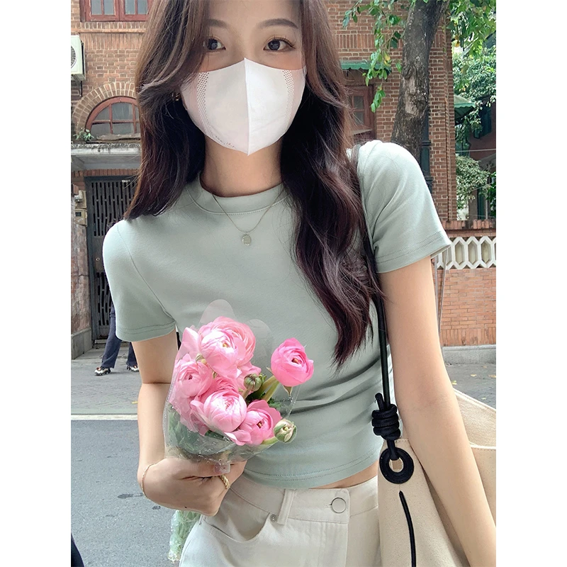 圆领正肩收腰褶皱短款打底衫t恤女春夏纯欲多巴胺短袖修身小上衣