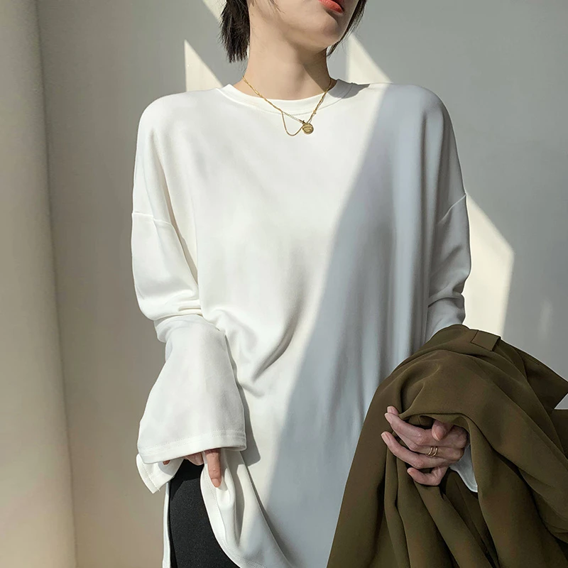 不规则开叉长袖打底衫内搭中长款t恤女遮肚显瘦秋冬德绒保暖上衣
