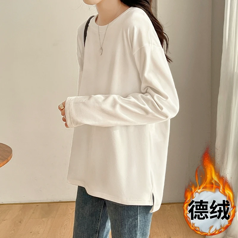 【前短后长开叉】德绒保暖白色长袖T恤女秋冬休闲打底衫高级感内搭