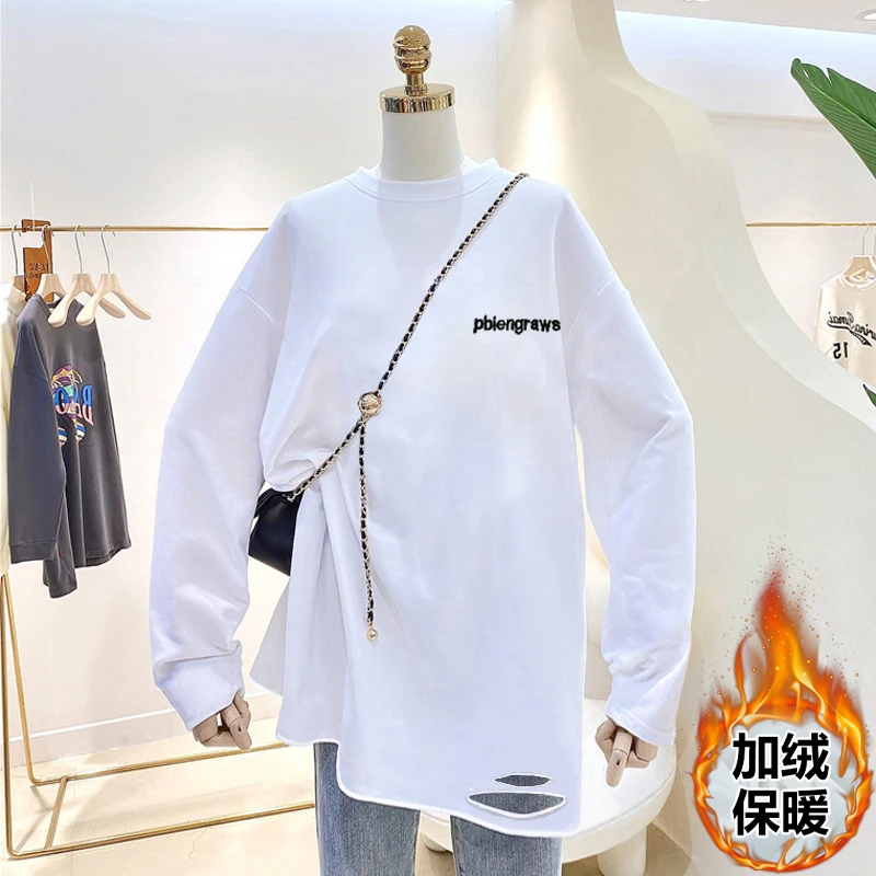 配鲨鱼裤的遮臀T恤女秋冬洋气内搭加绒加厚纯色长袖打底衫百搭白t