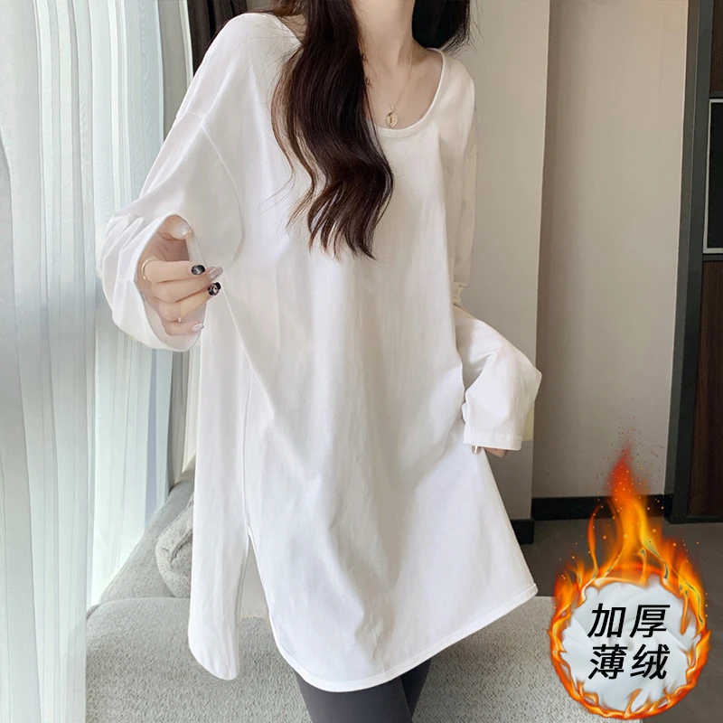 5331长款白色开叉打底衫女内搭宽松遮臀显瘦T恤秋冬加厚保暖上衣