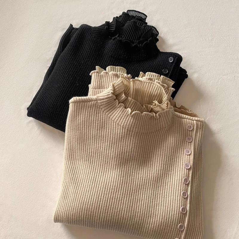 蕾丝拼接半高领木耳边针织打底衫女冬季修身加绒加厚内搭软糯毛衣