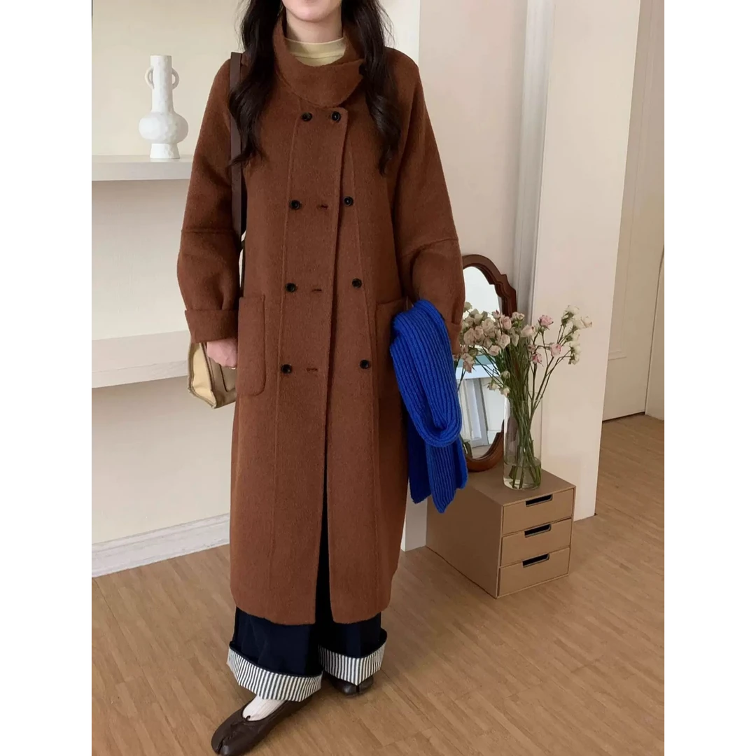 24年秋冬季新款娃娃领双排扣中长款休闲双面羊毛长款呢子大衣女