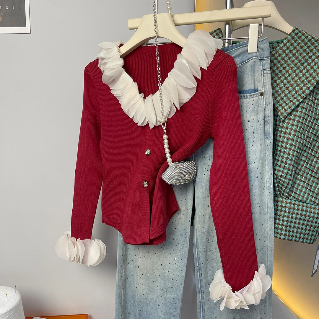 荷叶边拼接红色针织衫女秋冬季时尚气质减龄修身显瘦内搭长袖上衣