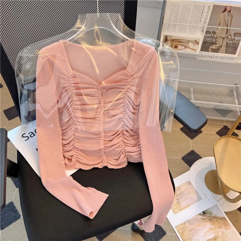 夏九易春秋粉色方领设计感褶皱针织打底衫洋气长袖别致小众上衣潮
