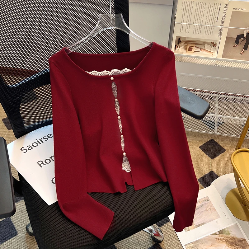 小香风秋冬设计感蕾丝拼接长袖针织衫镂空气质百搭假两件打底毛衣