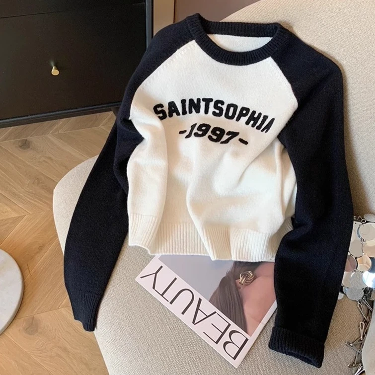 夏九易撞色字母插肩袖圆领毛衣秋冬打底衫休闲百搭软糯套头针织衫