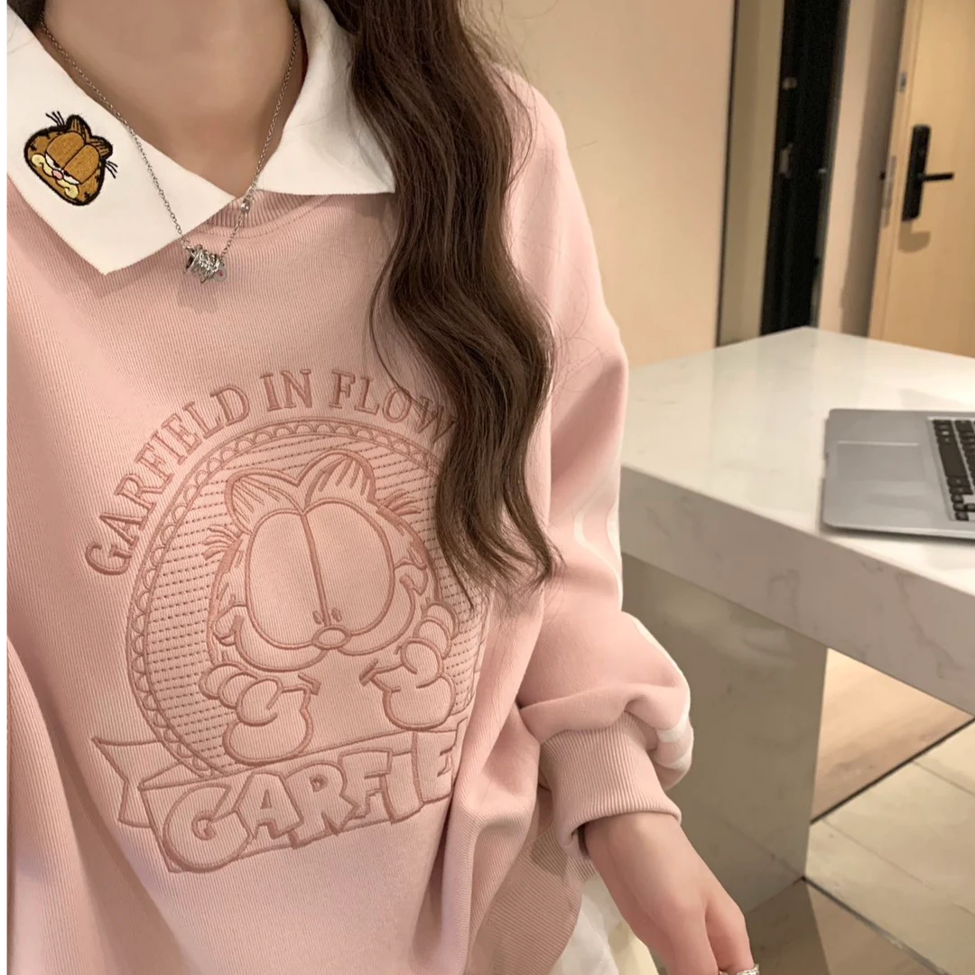 春款纸袋家polo领加菲猫假两件时尚宽松韩版长袖百搭套头洋气减龄