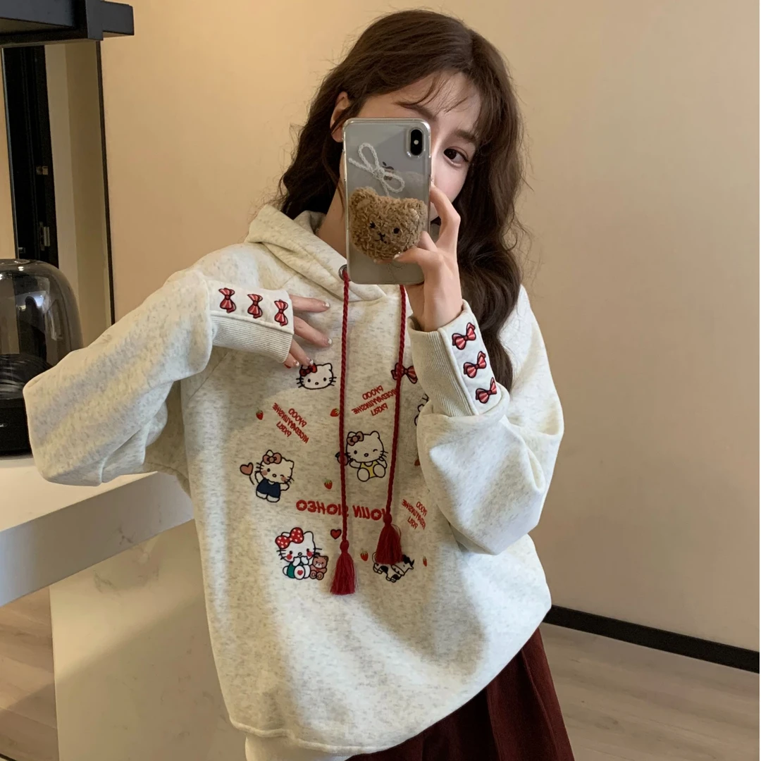 25春季新款草莓Kitty重工刺绣连帽宽松卫衣韩版秋冬百搭洋气休闲