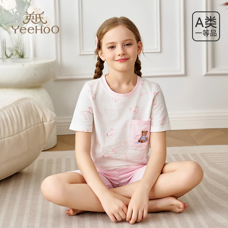 英氏女童新疆棉家居服宝宝夏季薄款抑菌睡衣休闲户外套装T108