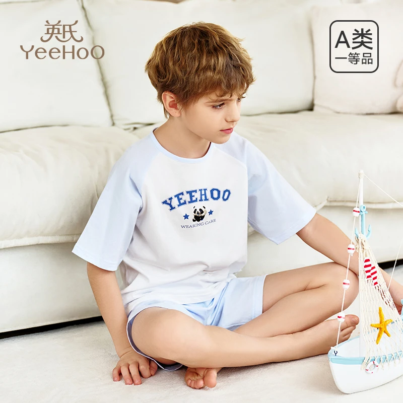 英氏儿童短袖短裤套装男童夏季纯棉透气吸汗家居服女童外穿服T122