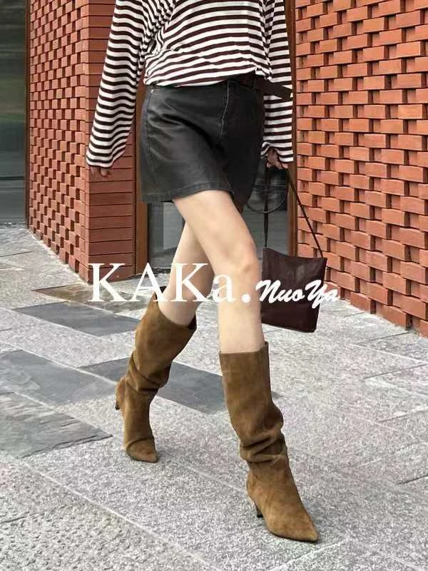 KAKA NUOYA  1893  时尚百搭长筒高丝光牛绒皮高筒靴