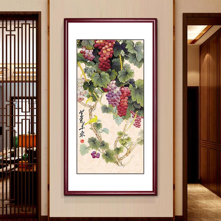 玄关装饰画紫气东来中式好寓意进门墙走廊过道挂画葡萄九鱼国画
