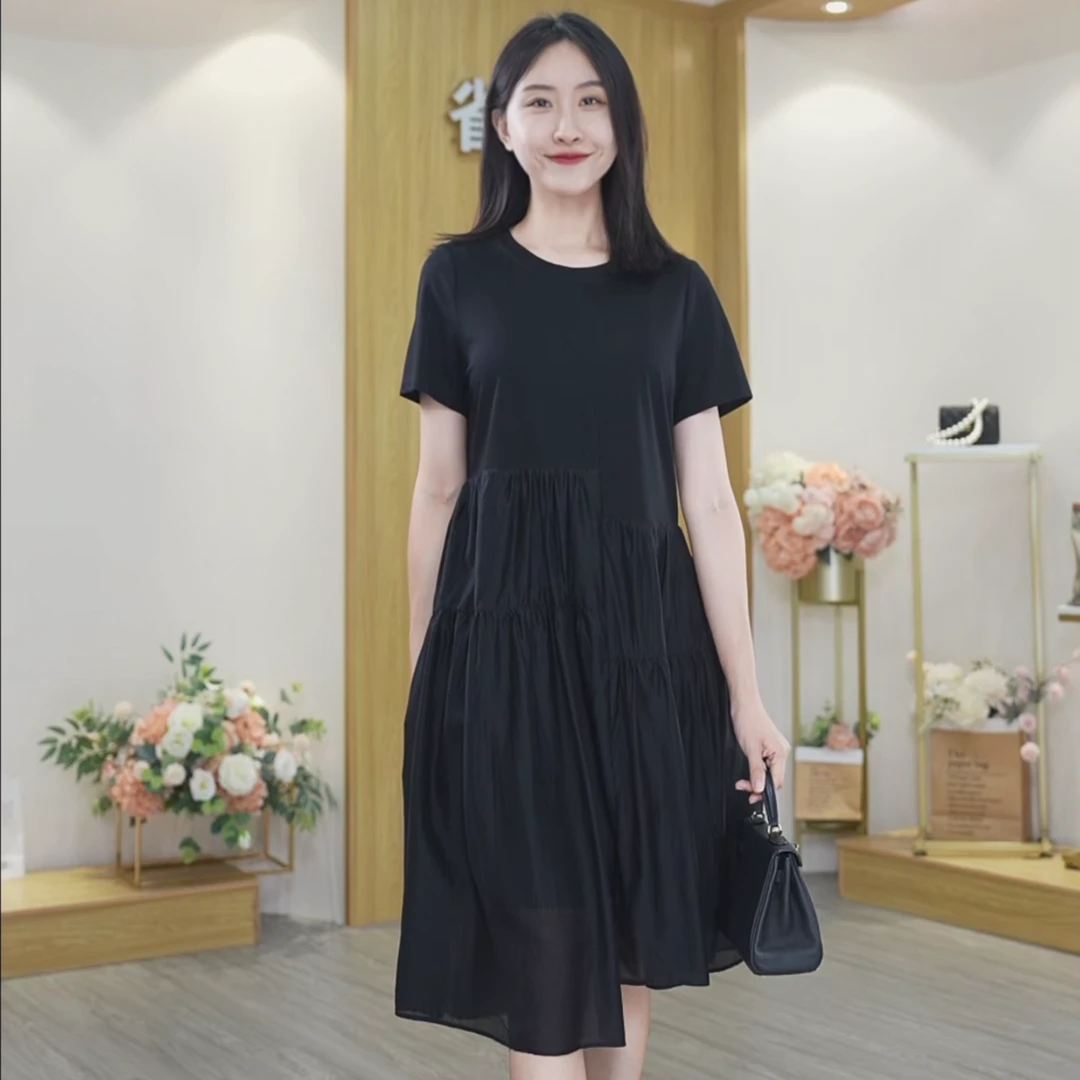 2024夏季新款纯黑色圆领拼接假两件时尚显瘦连衣裙气质百搭