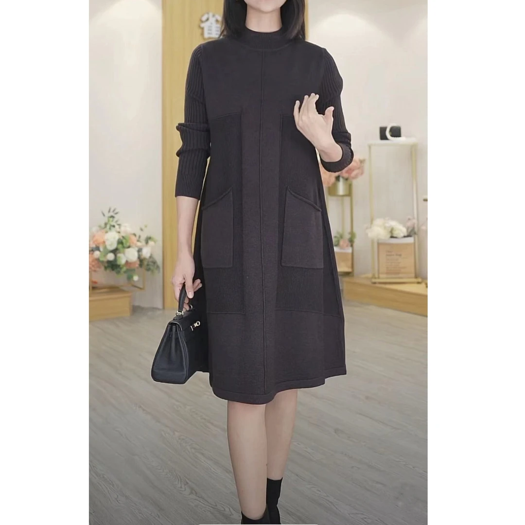 半高领纯色针织长袖裙衫毛衣女2022秋冬时尚中长款打底针织连衣裙