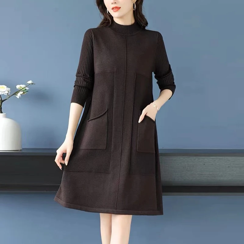 半高领纯色针织长袖裙衫2022秋冬毛衣女时尚中长款打底针织连衣裙
