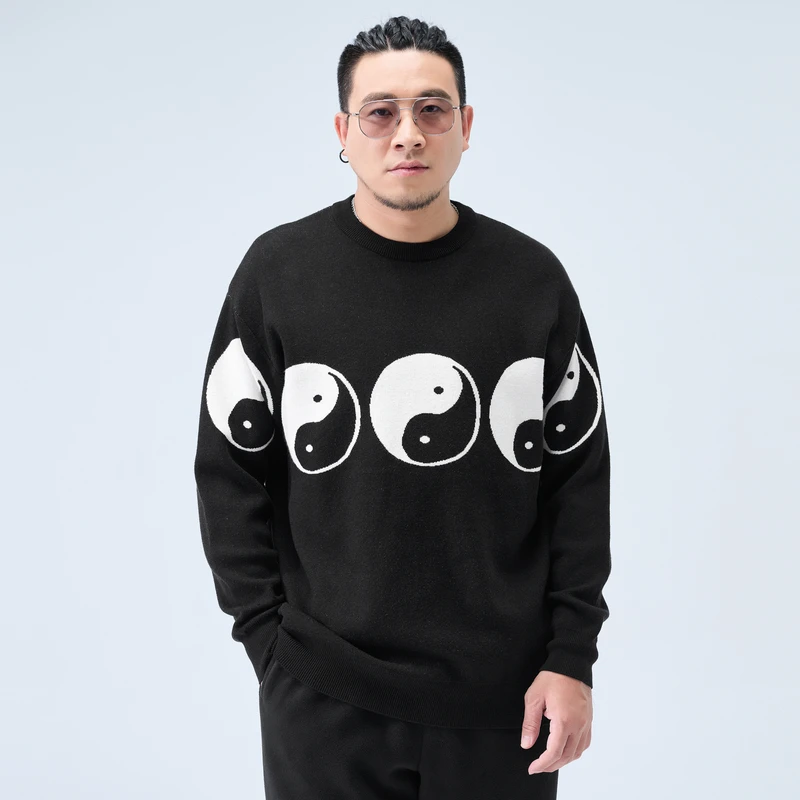 半墨大码男装加厚提花圆领套头毛衣冬季新款休闲宽松打底衫男0180