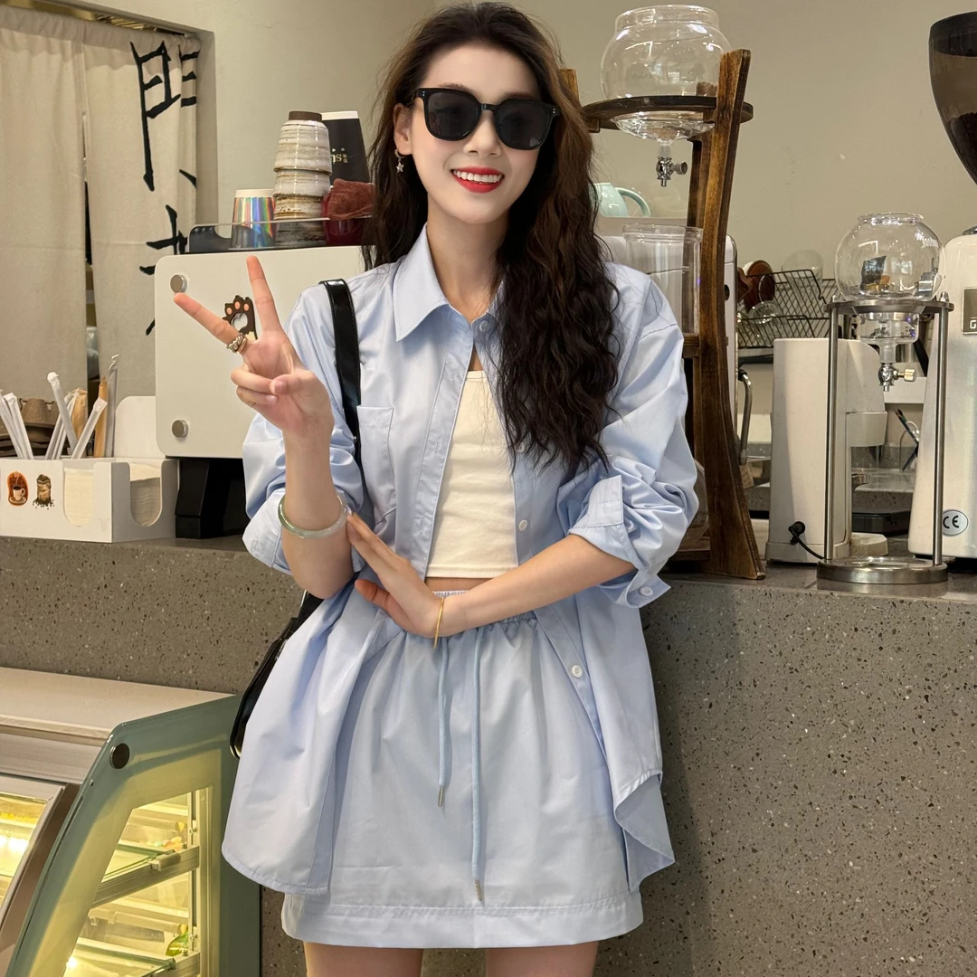 薄荷曼波高品质定制款百搭休闲宽松小众设计感长袖衬衫短裙套装