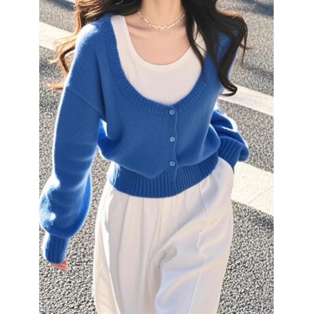 蓝色假两件设计感针织毛衣女款2024新款秋冬洋气宽松百搭时尚上衣