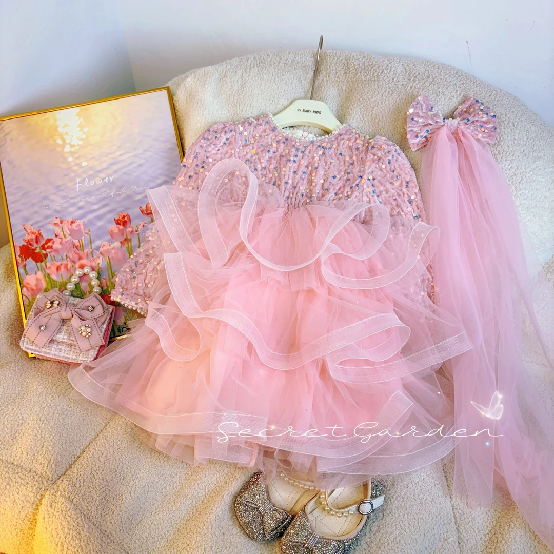 粉色梦幻星河蛋糕新款女童重工网纱公主裙洋气秋冬连衣裙加绒加厚