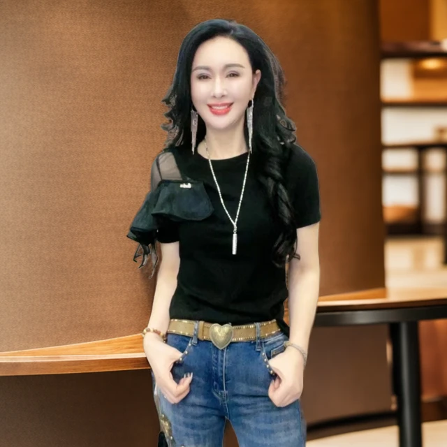 2024夏季新款欧货洋气显瘦露肩荷叶边短袖T恤上衣9052