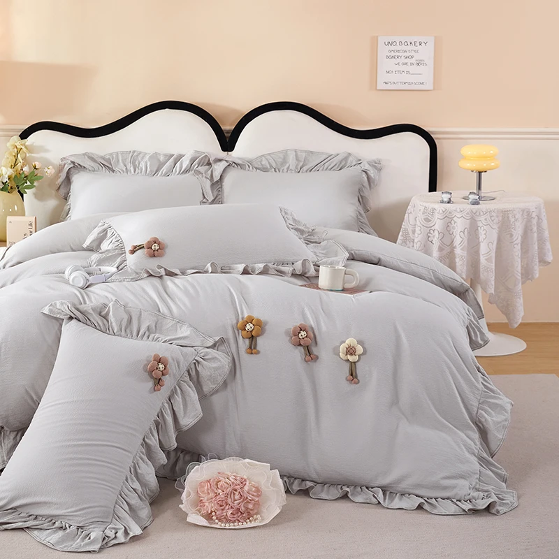 【公主风】纯色四件套有氧加厚亲肤柔软花边韩版小花/莫兰迪-米灰