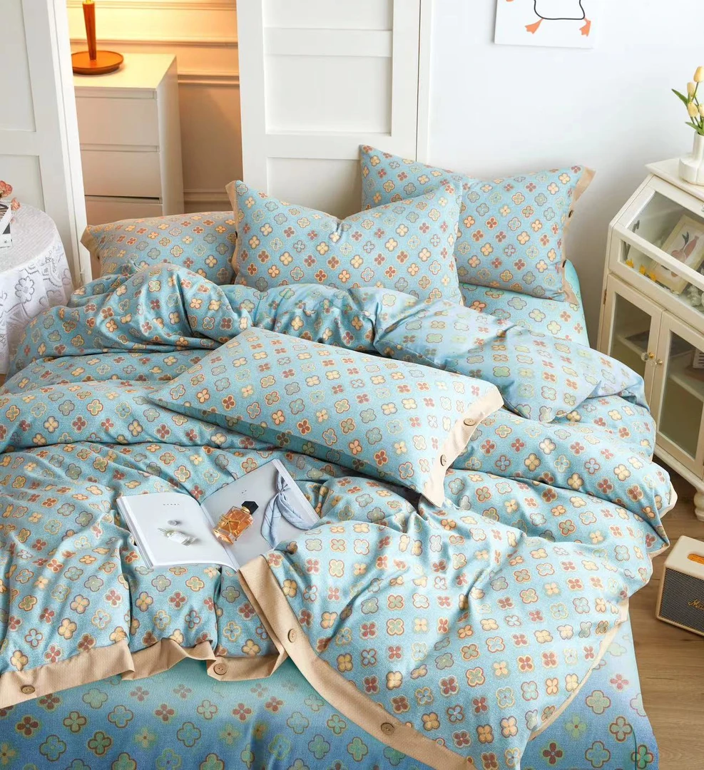 色织双层纱纽扣款亲肤超柔轻奢四件套-巴洛克-天蓝