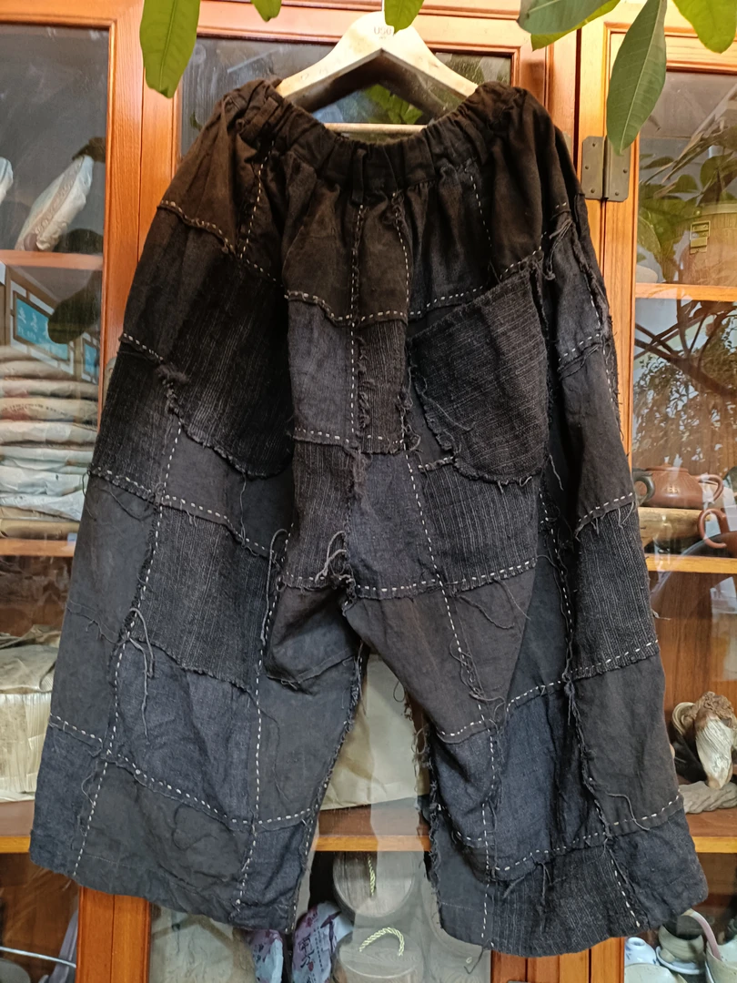 手工缝制植物染色拼接裤子（裤长90厘米）