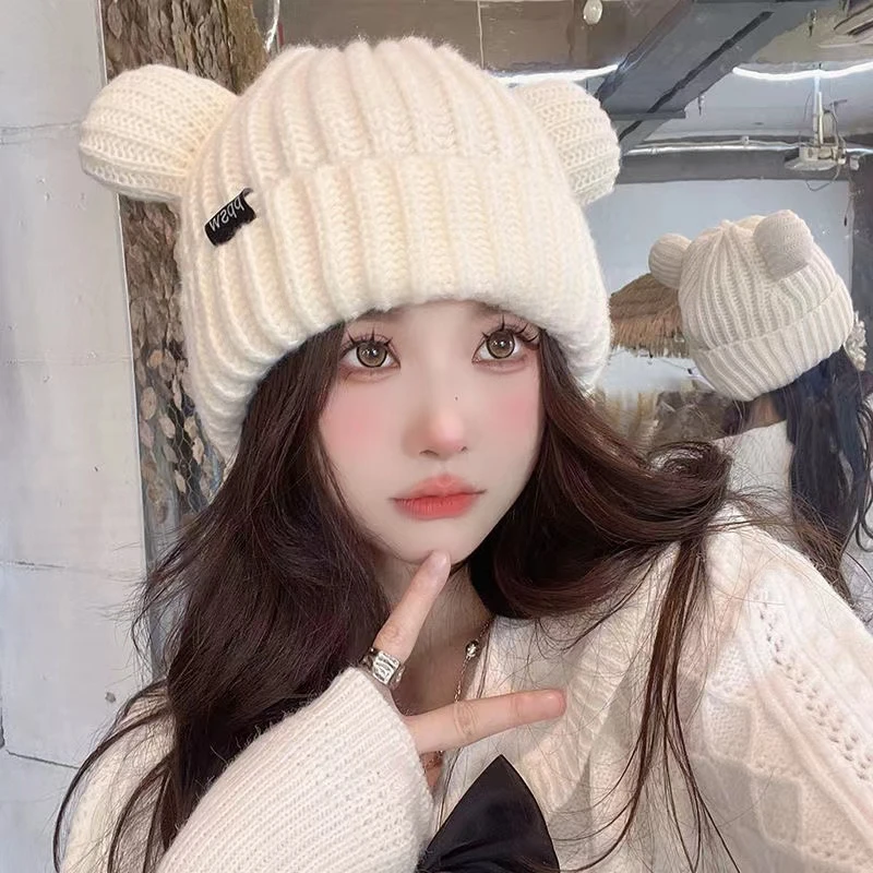 猫耳朵针织帽女秋冬保暖宽松护耳帽 冬款可爱超显脸小ins毛线帽子