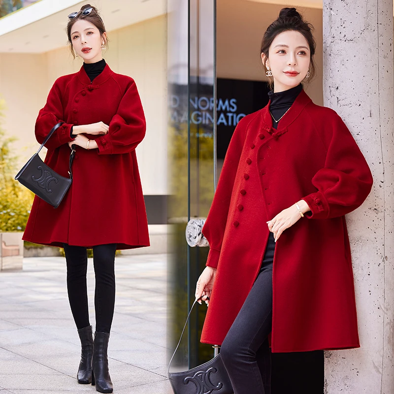 新中式双面羊毛大衣女中长款2025秋冬季新款盘扣斗篷羊毛呢子外套