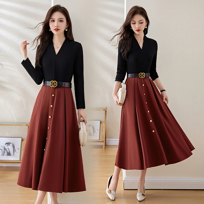 高级感假两件长袖连衣裙女2025春秋新款收腰显瘦V领时尚百搭长裙