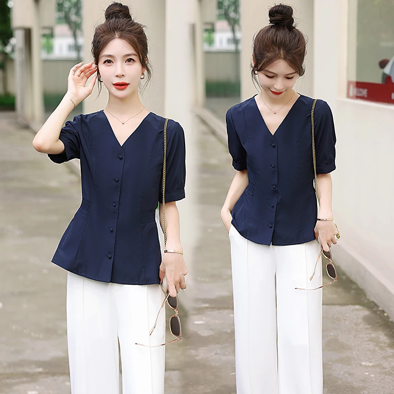 时尚收腰显瘦女士衬衫2025夏季新款设计感v领气质短袖T恤上衣潮