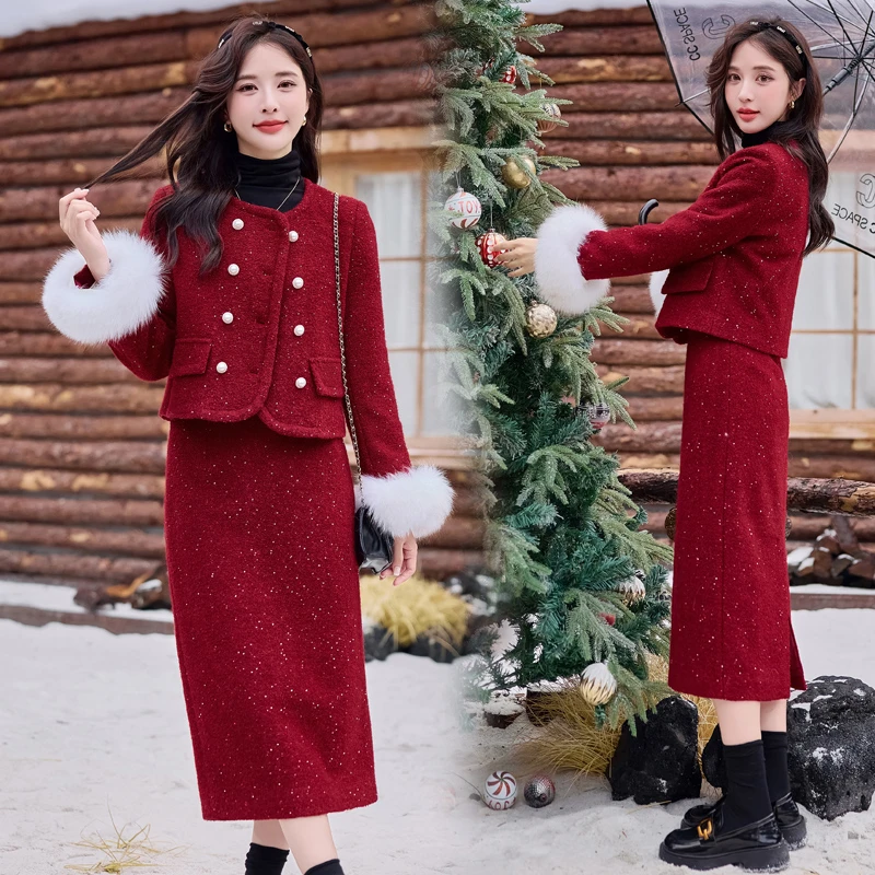 高级感轻奢小香风两件套装裙2025秋冬新款呢子加绒加厚外套半身裙