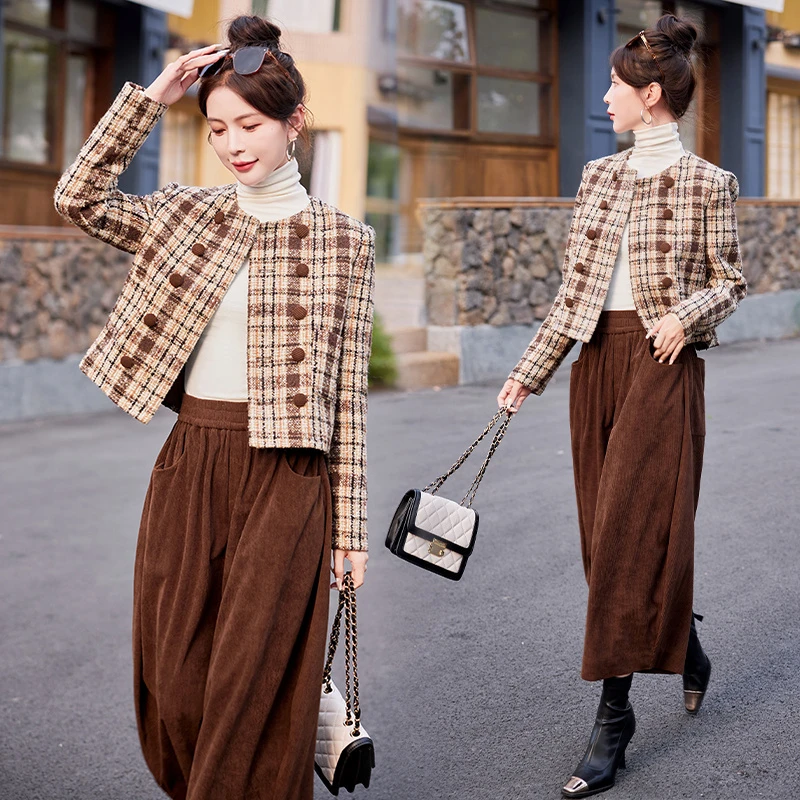 小香风羊毛呢套装女2025秋冬新款高级感时尚气质灯芯绒两件套裤