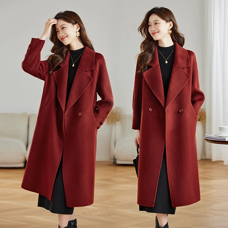 西装领双面呢羊毛大衣女中长款气质2024新款韩版秋冬呢子大衣外套
