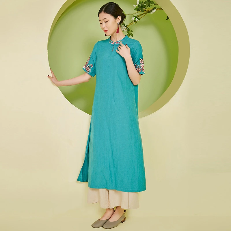 J2368苎麻连衣裙女夏季新中式改良旗袍中年女士原创刺绣民族风
