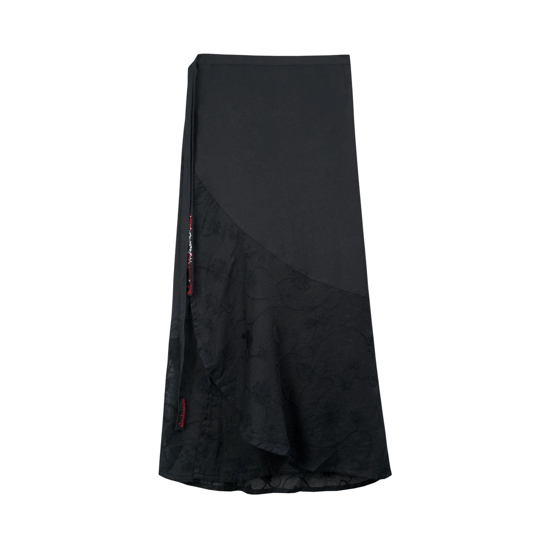 2025【剪秋】扶摇高端纯亚麻气质百搭黑色高腰复古刺绣裹裙DA2091