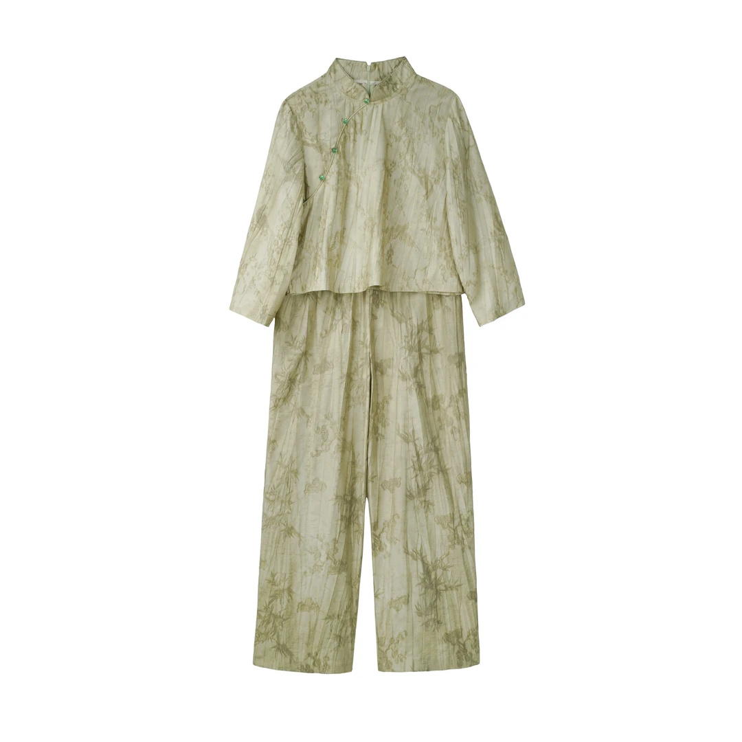 DS6330气质时尚休闲复古中式印花提花中国风春季裙子套装裤子套装