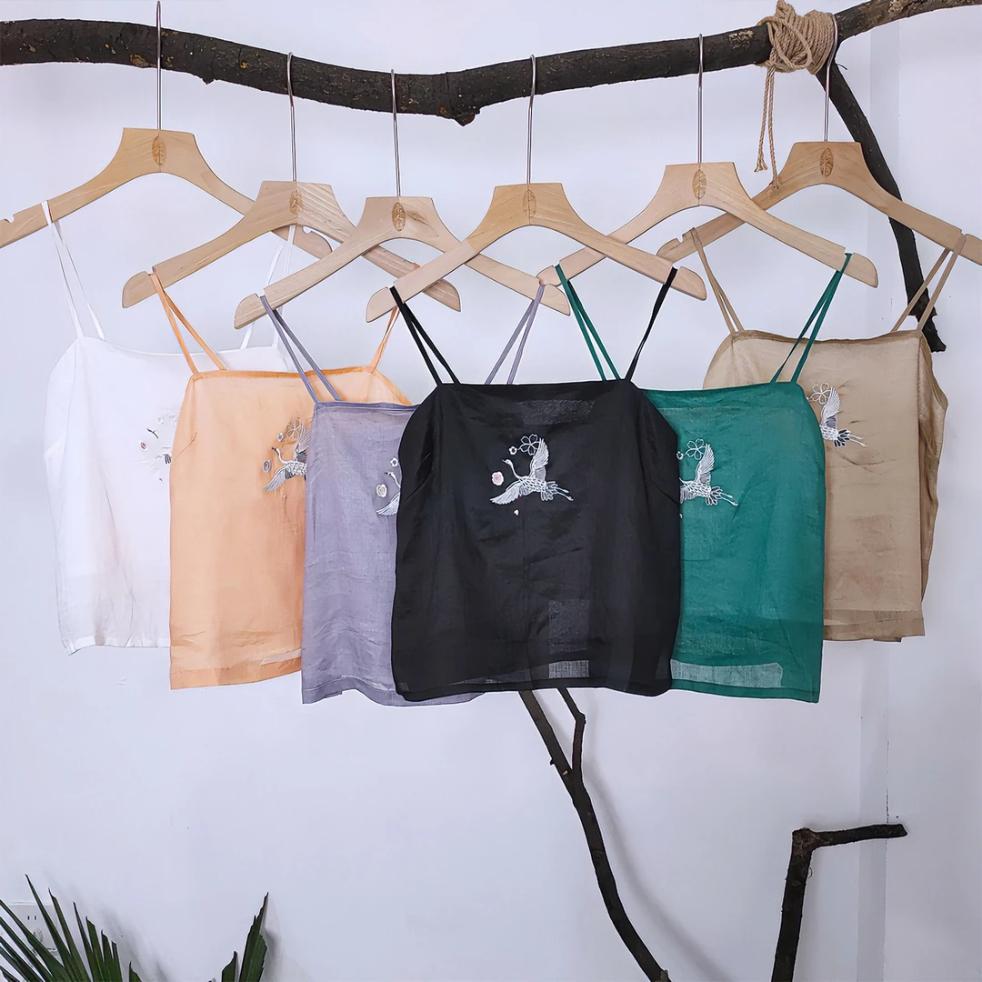 扶摇中国风手工刺绣百搭（肚兜款）纯苎麻吊带T21367背心夏季简约