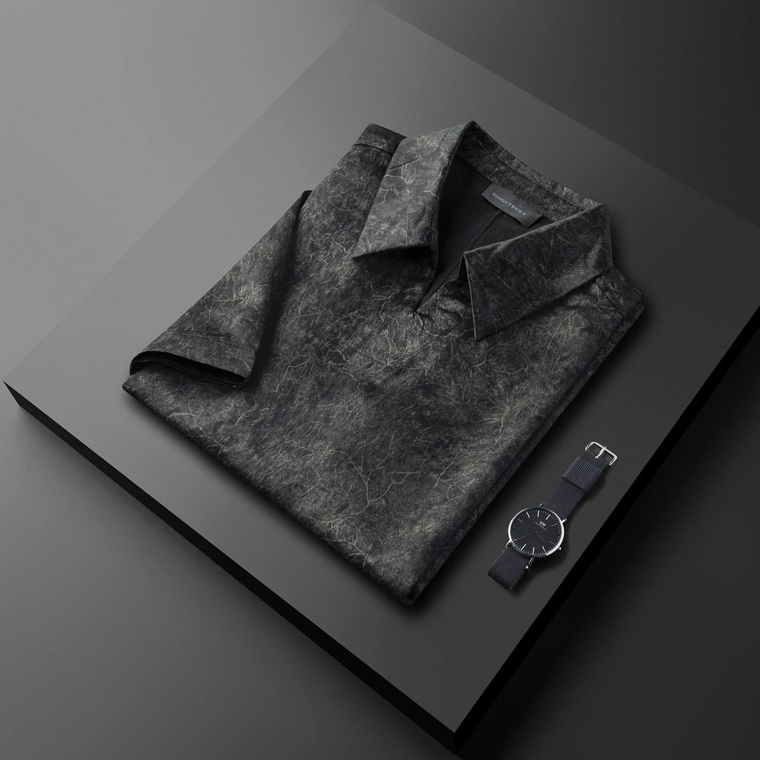 2024夏季新上迷彩黑金醋酸面料男士短袖透气冰凉龟裂纹上衣时尚衫