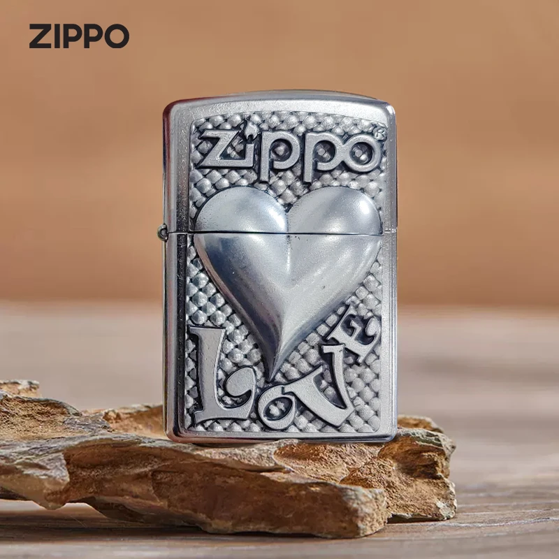 ZIPPO正品打火机凸显爱心银色经典男士复古个性爱心贴章防风
