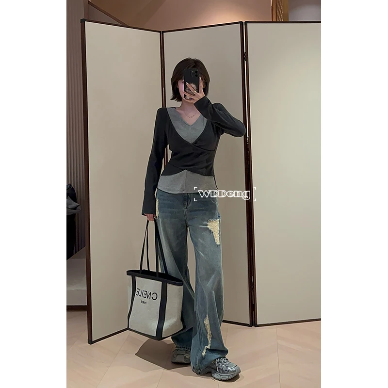 【现货款】王等等【旧情书】秋冬设计感破洞水洗直筒牛仔裤U224Z05302